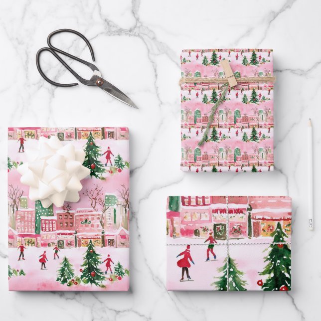 Feuille De Papier Cadeau jolie aquarelle noël patinage ville scène (Recto)