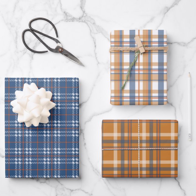 FEUILLE DE PAPIER CADEAU JOLIE BLEU & BROWN TOMBE MOTIF PLAID (Recto)