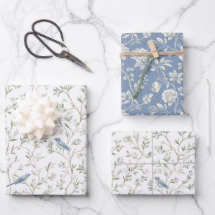 Feuille De Papier Cadeau Jolie Douche de Mariée Fleurs Oiseaux Bleus Romant