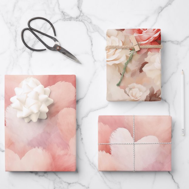 Feuille De Papier Cadeau Jolie Fête d'anniversaire Fleurs coeurs rose tendr (Recto)