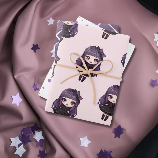 Feuille De Papier Cadeau Jolie fille à points violets (Cute Purple dot girl Wrapping Paper Sheets)