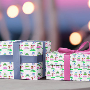 Feuille De Papier Cadeau Jolie fille Chibi anniversaire thème de golf pour