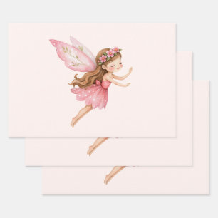Feuille De Papier Cadeau Jolie fille fée en robe rose capricieuse