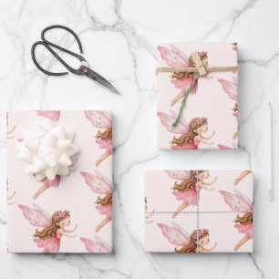 Feuille De Papier Cadeau Jolie Fille Fée en Robe Rose Motif Fantaisiste