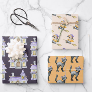 Feuille De Papier Cadeau Jolie Halloween sorcière Chat noir Vieux