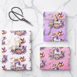 Feuille De Papier Cadeau Jolie licorne rose, violette et or pour une fête d