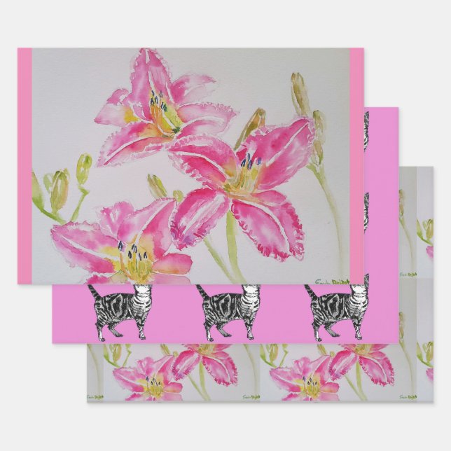 Feuille De Papier Cadeau Jolie Lys Fleur Rose Floral Lys Aquarelle (Lot)