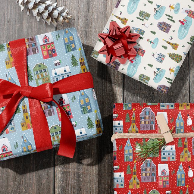 Feuille De Papier Cadeau Jolie maison d'hiver Village Scène Noël (Cute Winter House Village Scene Christmas Wrapping Paper Sheets)