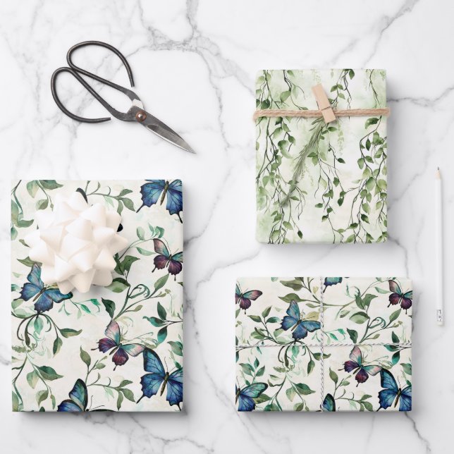 Feuille De Papier Cadeau Jolie Mariage de Papillons Bleus (Recto)