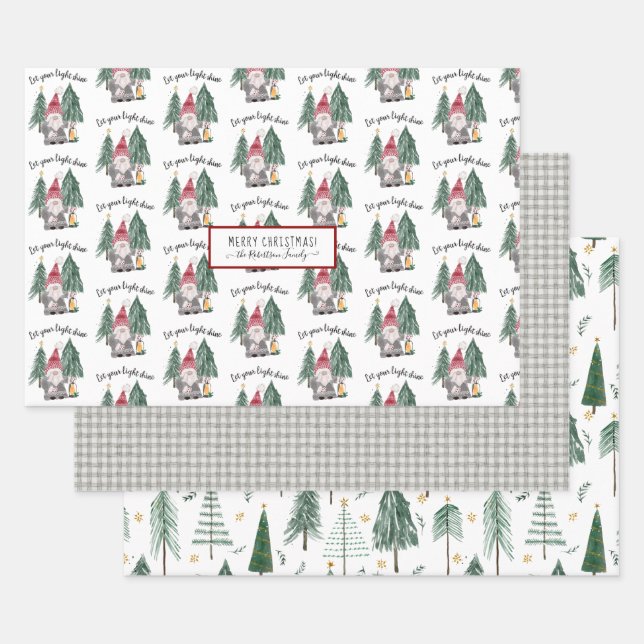 Feuille De Papier Cadeau Jolie Noël Gnomes Light Shine Forest Tree Star (Lot)
