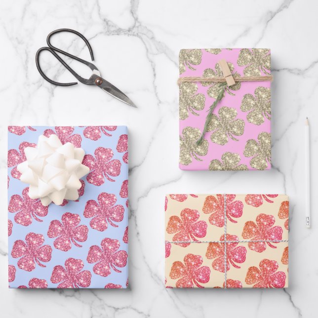 Feuille De Papier Cadeau Jolie Parties scintillant Lucky Clover rose Bleu B (Recto)