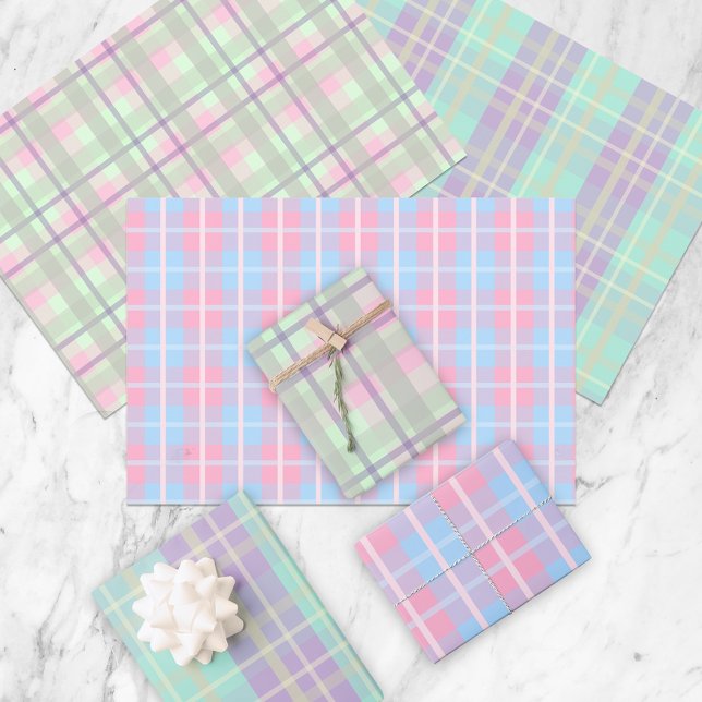 Feuille De Papier Cadeau Jolie Pastel Anniversaire Fête Plaid Motifs (Créateur téléchargé)