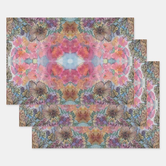 Feuille De Papier Cadeau Jolie peinture à l'aquarelle du jardin de fleurs c (Lot)