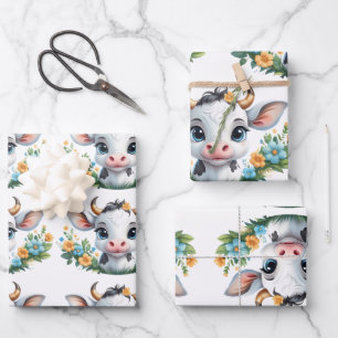 Feuille De Papier Cadeau Jolie petite vache fille en fleurs