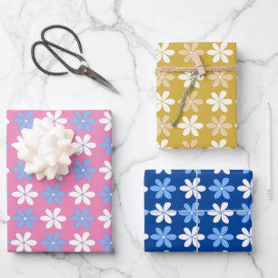 FEUILLE DE PAPIER CADEAU JOLIE PETITES FLEURS MOTIFS FLEURS BLEU ROSE OR
