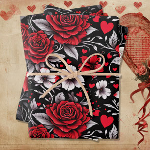 Feuille De Papier Cadeau Jolie, Rouge, Roses noires et blanches, Coeurs