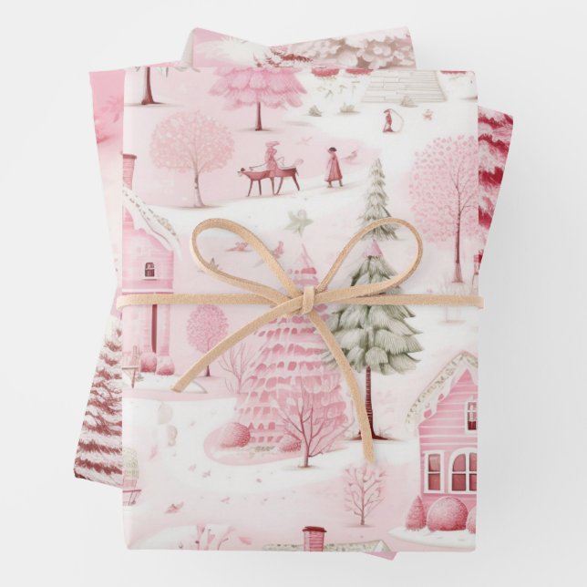 Feuille De Papier Cadeau Jolie scène de neige rose ville de Noël (En situation)