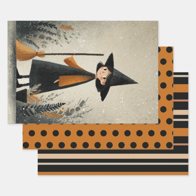 Feuille De Papier Cadeau Jolie Sorcière Brûlée Orange et Noir Halloween (Lot)