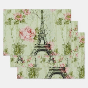 Feuille De Papier Cadeau jolie tour de paris fleurie rose à la menthe de p