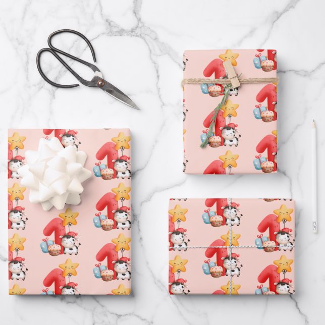 Feuille De Papier Cadeau Jolie vache 1er anniversaire (Recto)