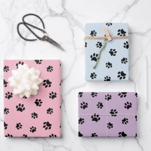 Feuille De Papier Cadeau Jolies Empreintes de Patte Noires Pastel Rose Bleu