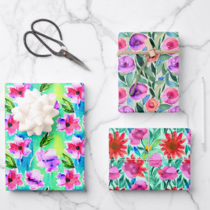 Feuille De Papier Cadeau Jolies fleurs aquarelles Anniversaire