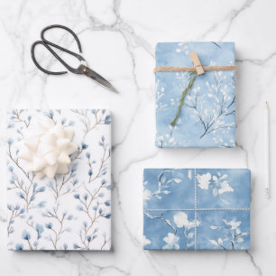 Feuille De Papier Cadeau Jolies Fleurs Blanches Bleues Baby Shower