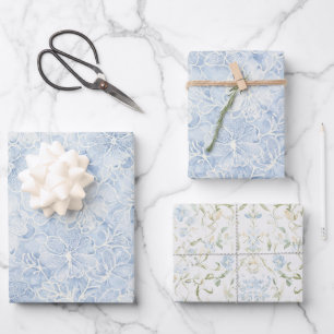 Feuille De Papier Cadeau Jolies Fleurs Blanches et Bleues Shower de Mariée