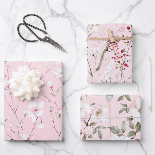 Feuille De Papier Cadeau Jolies Fleurs Blanches Roses (Recto)
