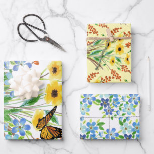 Feuille De Papier Cadeau Jolies fleurs bleues et jaunes à l'aquarelle