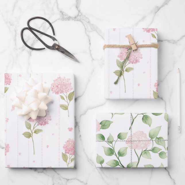 Feuille De Papier Cadeau Jolies Fleurs d'Hydrangea Roses Mariage (Recto)