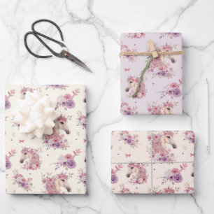 Feuille De Papier Cadeau Jolies Poneys Fleurs Pâles Cheval