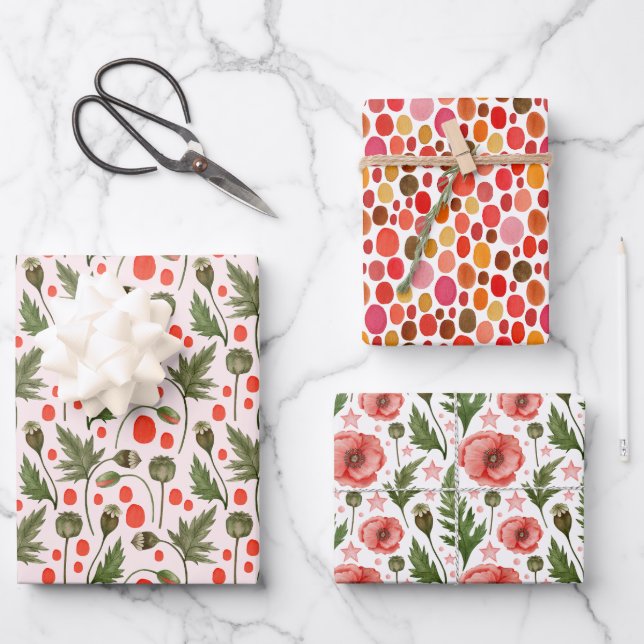 Feuille De Papier Cadeau Jolies Poppies Feuillage Floral (Recto)