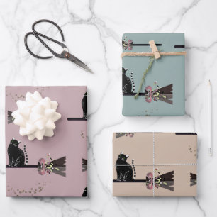 Feuille De Papier Cadeau Jolies sorcières Floral rose Broomstick Chat noir