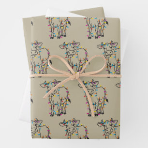 Feuille De Papier Cadeau Jolies vaches lumières de Noël génisses vacances f