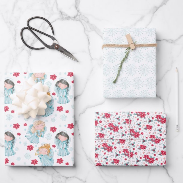 Feuille De Papier Cadeau Jolis anges de Noël  (Recto)