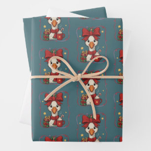 Feuille De Papier Cadeau Jolis canards de Noël assortis d'oie drôle de fami