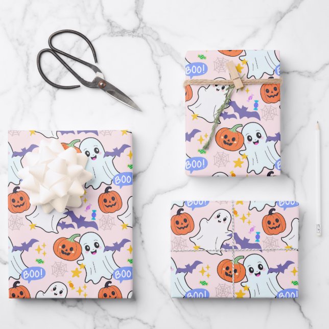 Feuille De Papier Cadeau Jolis fantômes avec citrouilles Halloween (Recto)