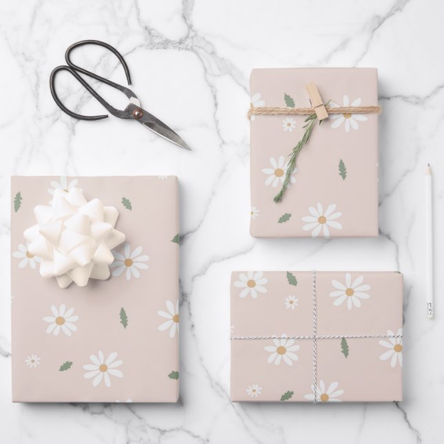Feuille De Papier Cadeau Jolis Fleurs de Marguerite et Feuillage (Recto)