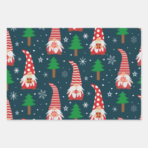 Feuille De Papier Cadeau Jolis lutins de Noël avec des arbres et des flocon