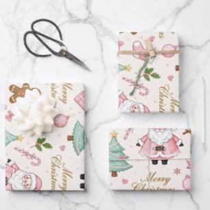 Feuille De Papier Cadeau Jolis noeuds de Père Noël à l'aquarelle rose pour 