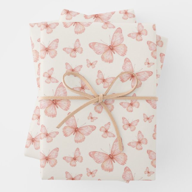 Feuille De Papier Cadeau Jolis papillons roses (En situation)