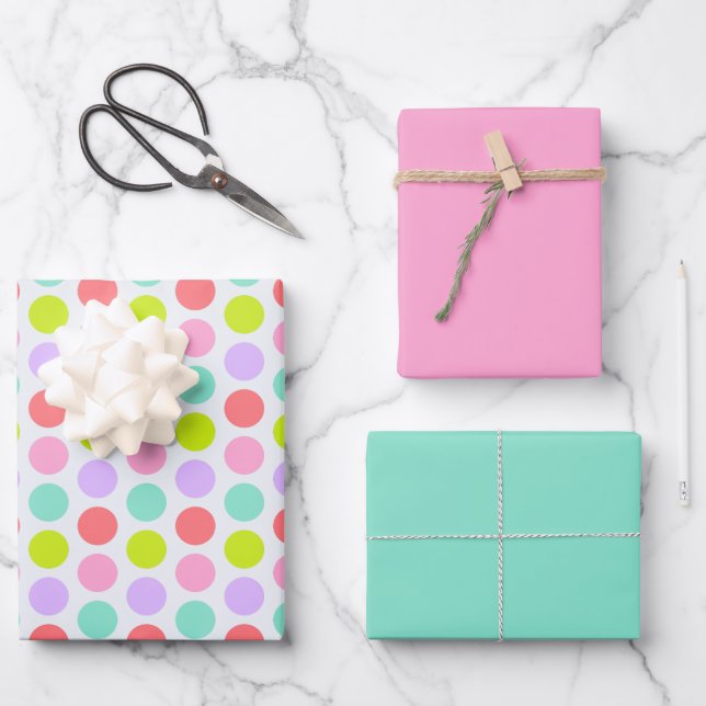 Feuille De Papier Cadeau Jolis points, rose carnation et bleu œuf de robin (Recto)