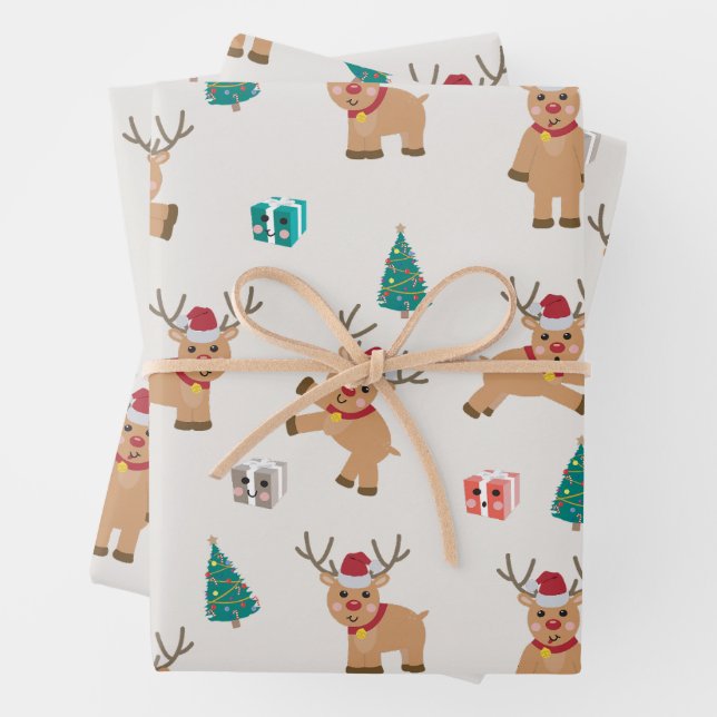 Feuille De Papier Cadeau Jolis rennes de Noël  (En situation)