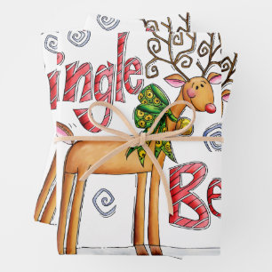 Feuille De Papier Cadeau Jolis rennes de Noël, flocons de neige Jingle Bell