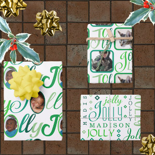 Feuille De Papier Cadeau JOLLY Script Green On White 4 Photo Christmas