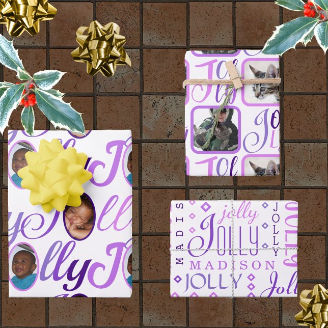 Feuille De Papier Cadeau JOLLY Script violet sur blanc 4 Photo Noël Guerre (Créateur téléchargé)