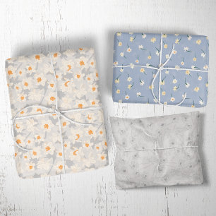 Feuille De Papier Cadeau Jonquille Florale de Printemps   Bleu et Gris