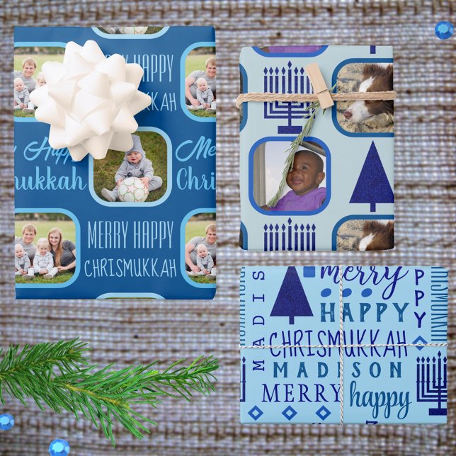 Feuille De Papier Cadeau Jory Navy Interfoi Chrismukkah Assortiment (Add your photos and child's name to this fun personalized interfaith holiday wrapping paper)