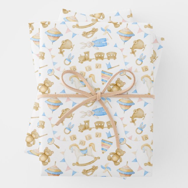 Feuille De Papier Cadeau Jouets bébé train lapin bébé aquarelle  (En situation)